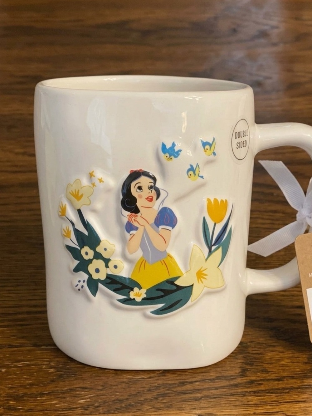 Rae Dunn Disney Princess Snow White “Just One Bite” Mug Blue Interior Floral NWT
